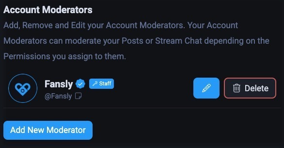 Список модераторов аккаунта с возможностью редактирования и удаления
