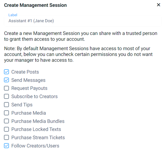 Создание сессии управления на Fansly