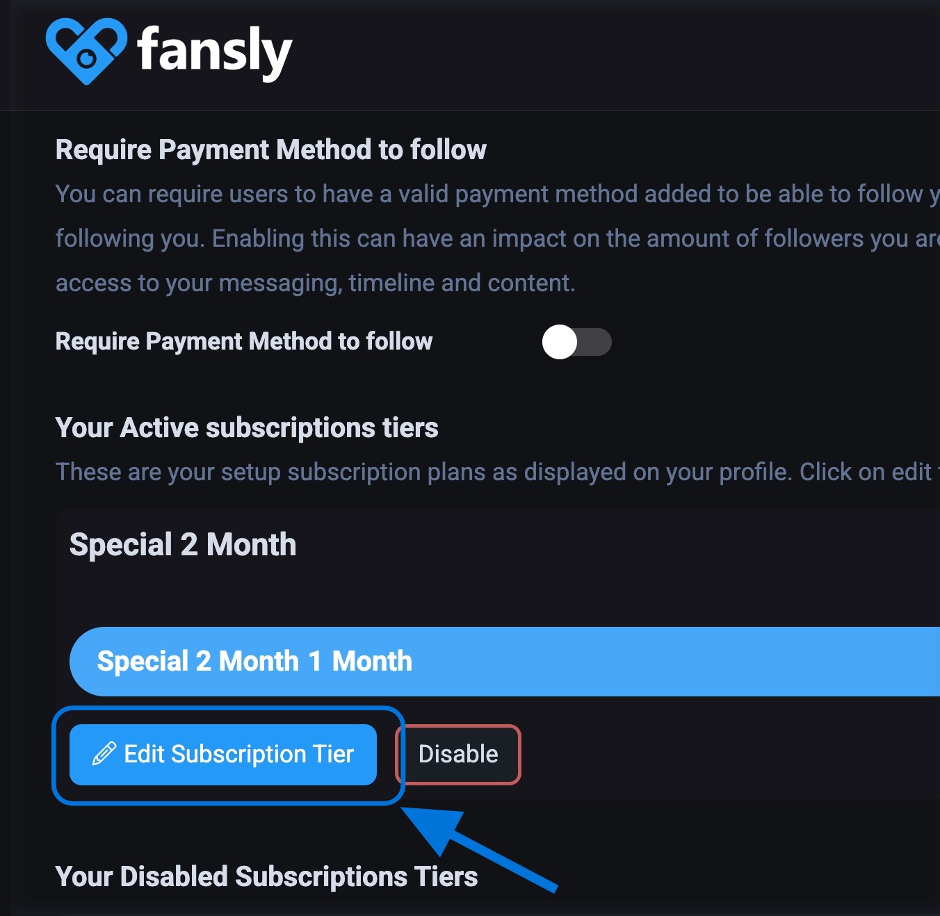 Интерфейс изменения цены уровня подписки в Панели креатора Fansly