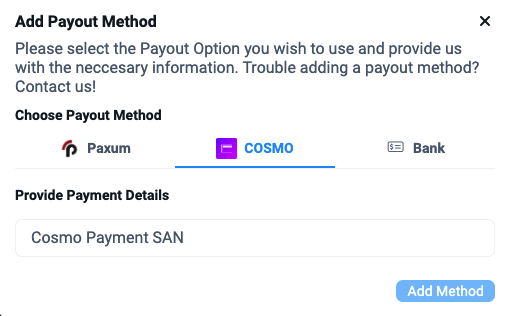 Добавление Cosmopayment как метода вывода средств в Fansly