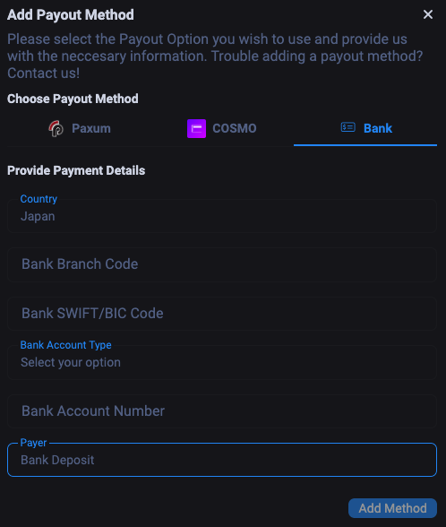 Пример выбора плательщика на странице способов вывода Fansly