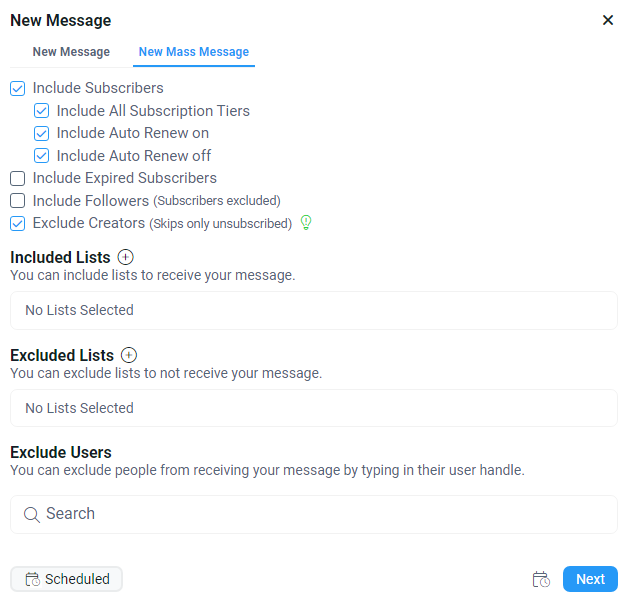 Интерфейс создания массового сообщения на Fansly