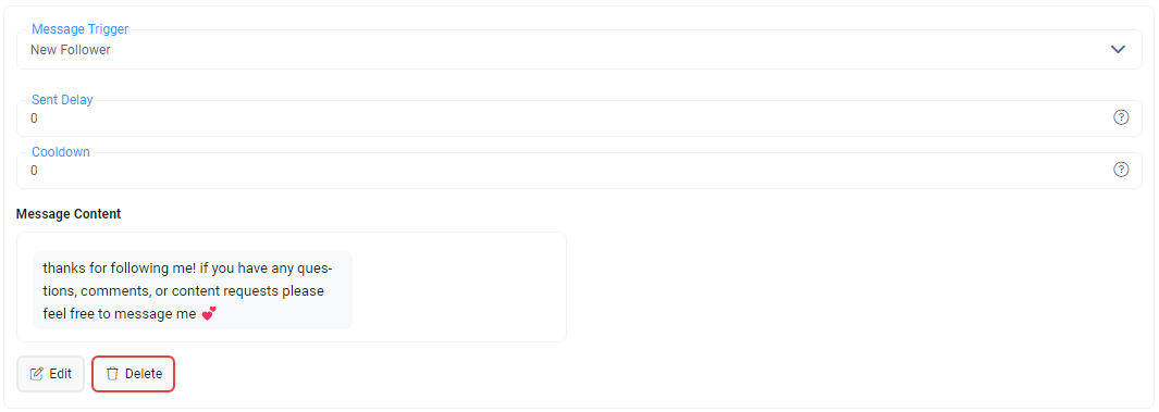 Пример настройки автоматического сообщения в интерфейсе Fansly