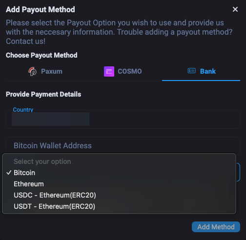 Пример настройки вывода средств в криптовалюте на Fansly
