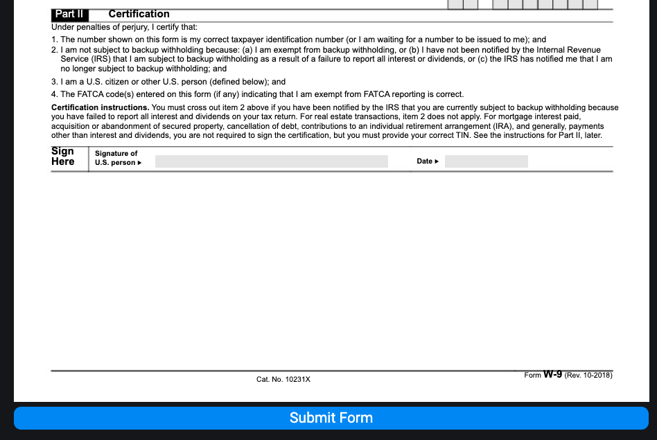 Подписание и отправка формы W-9 в интерфейсе Fansly
