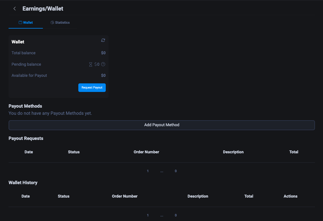 Страница Earnings Wallet