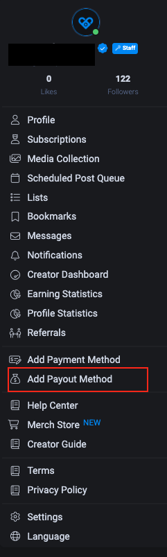 Открытие раздела добавления способа вывода в меню Fansly