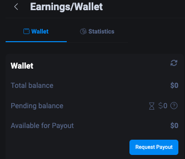 Интерфейс кошелька заработка Fansly с общим, ожидающим и доступным балансом
