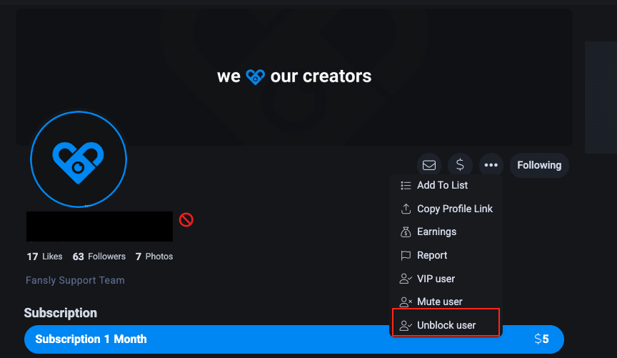 Как разблокировать пользователя на Fansly через меню профиля