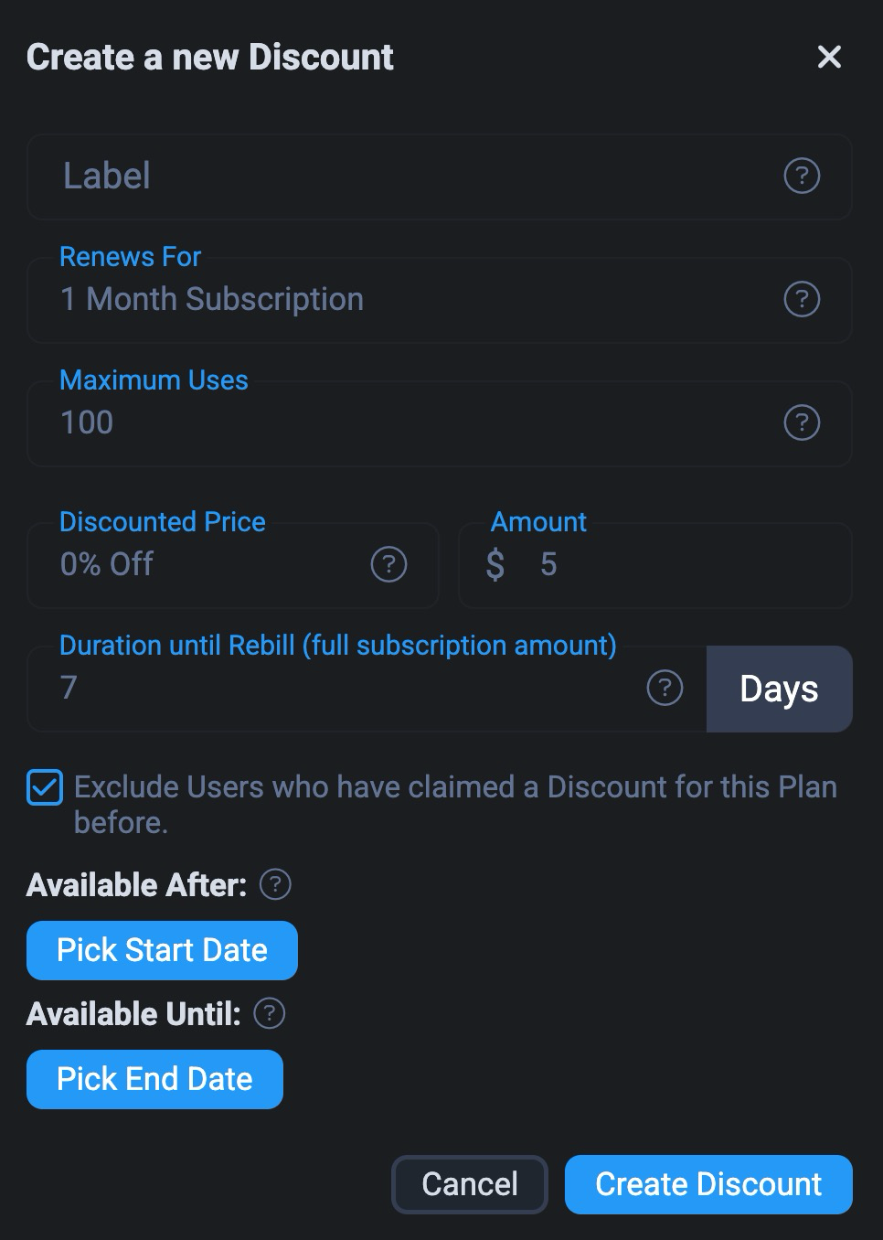 Настройки скидок и промо на странице Plans/Promos в панели креатора
