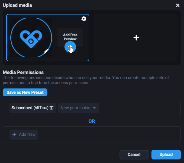 Добавление бесплатного превью к медиа на Fansly