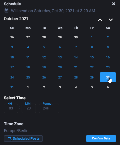 Пример настроек запланированной публикации на Fansly