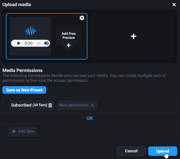 Настройки предпросмотра и разрешений для аудиопоста