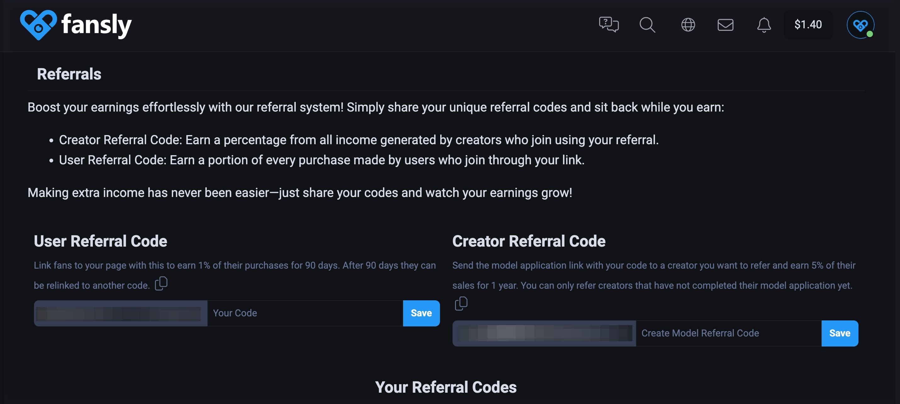 Интерфейс страницы реферальной программы Fansly
