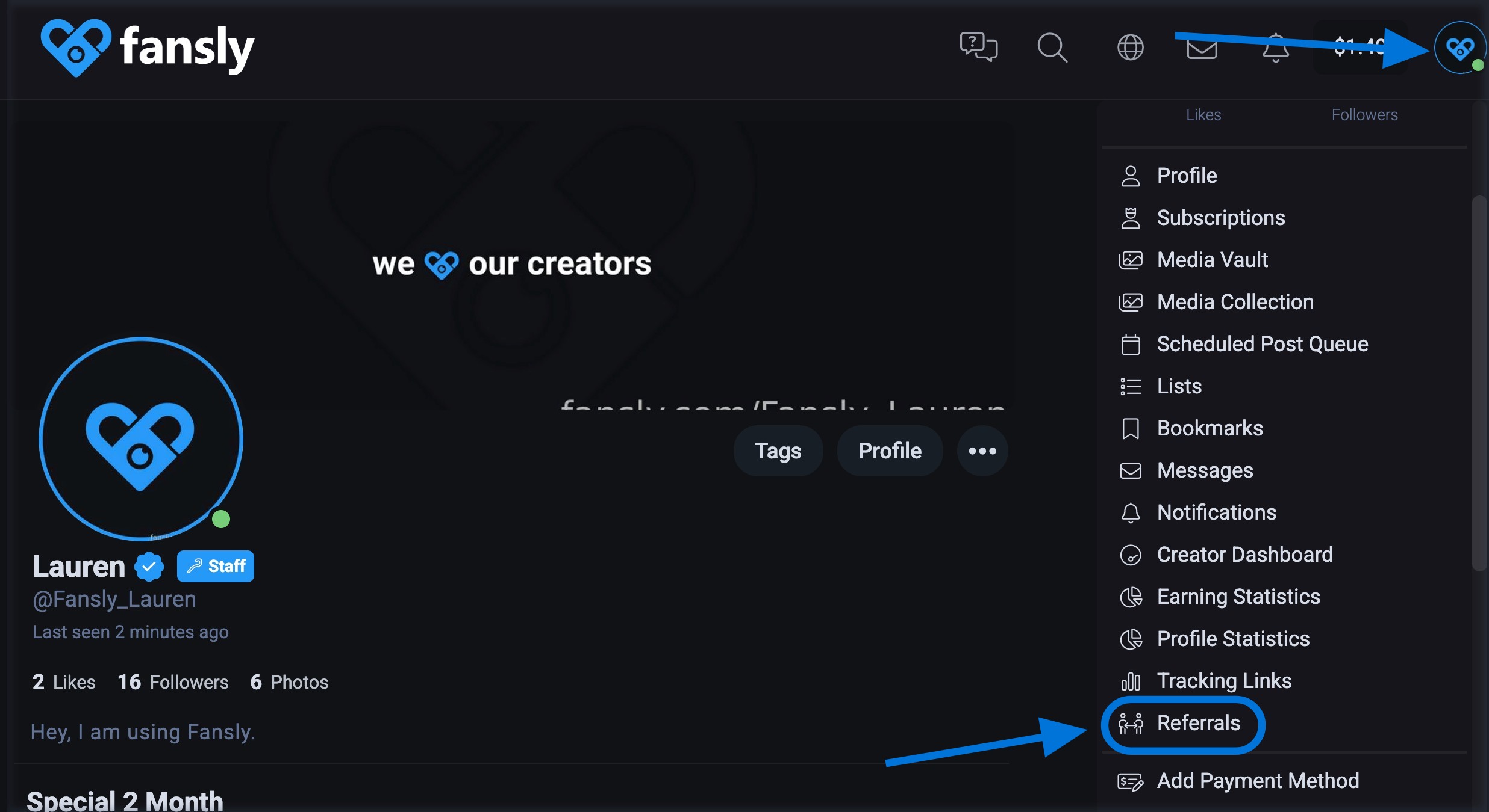 Страница статистики реферальной программы на Fansly