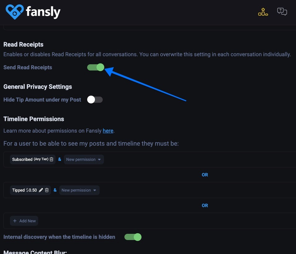Настройки конфиденциальности и безопасности Fansly с переключателем подтверждений прочтения