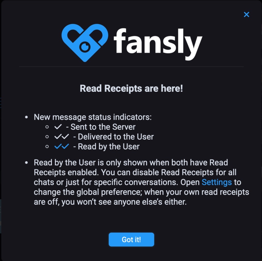 Индикаторы отправки, доставки и прочтения сообщения на Fansly