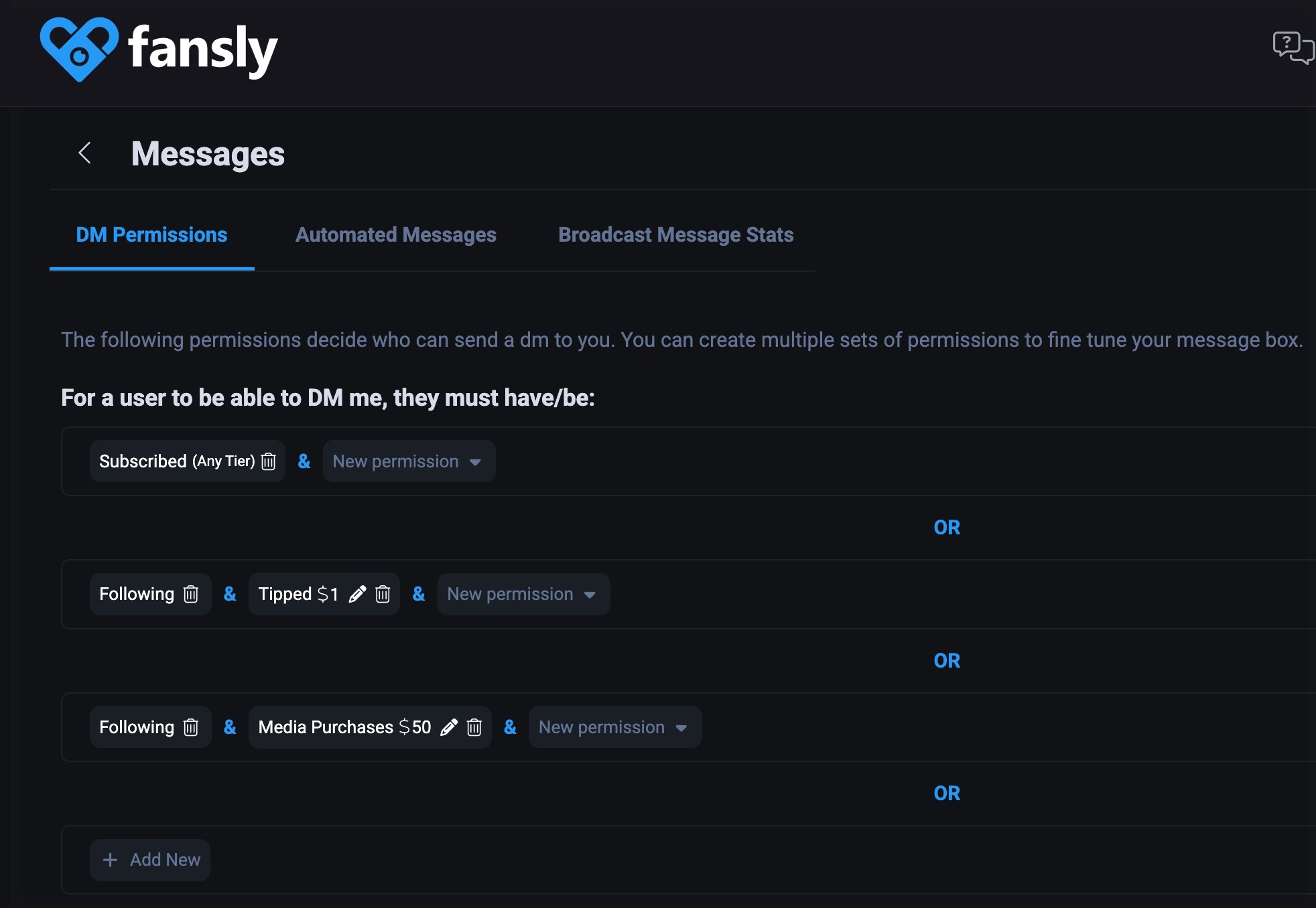Пример настроек разрешений на личные сообщения на Fansly